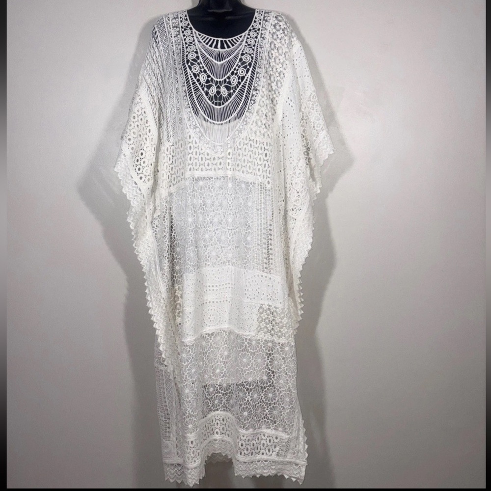 Soft Surroundings L XLCrochet Caftan Maxi Martinique Breezy dress cover up Ivory